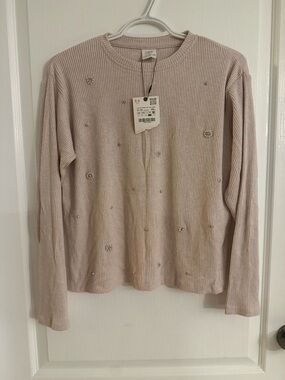 Zara Crystal-Embellished Ribbed Crewneck - Light Pink Girls brand new size 11/12